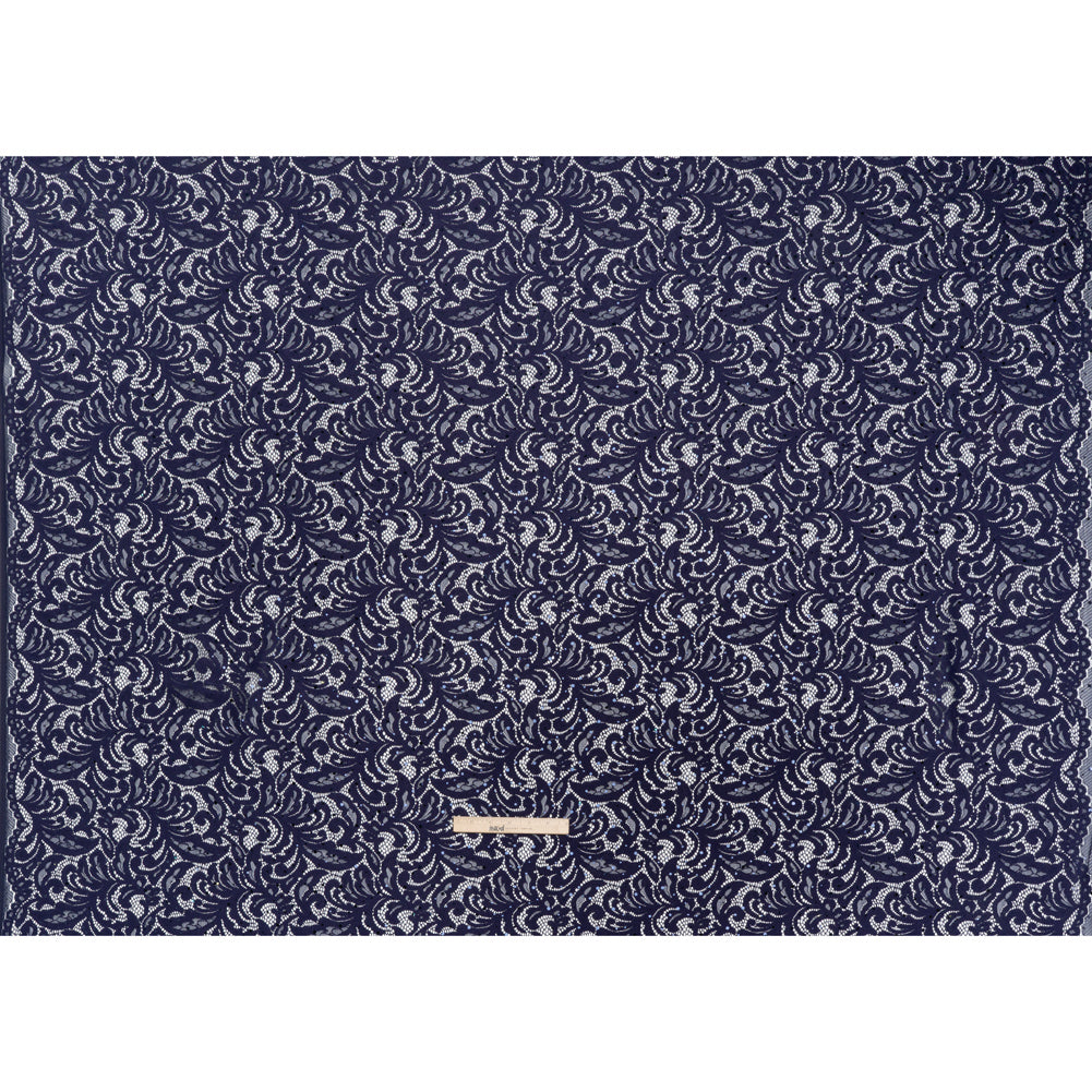 Stretch Raschel Lace with Metallic Spots - Navy Fancy Leaves and Flowers - Full