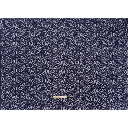 Stretch Raschel Lace with Metallic Spots - Navy Fancy Leaves and Flowers