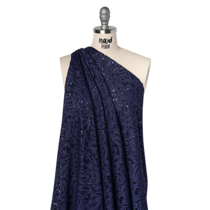 Stretch Raschel Lace with Metallic Spots - Navy Fancy Leaves and Flowers