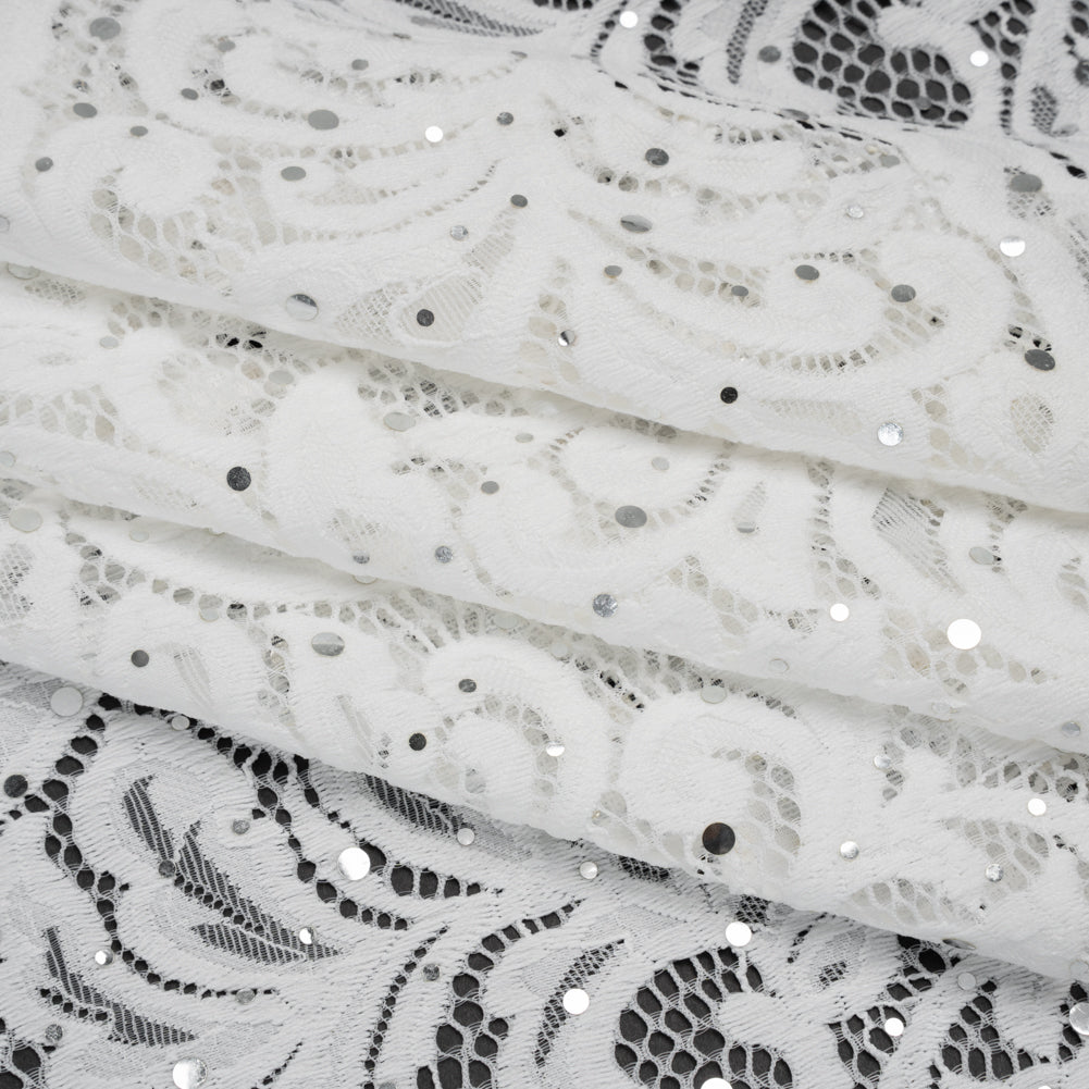 Stretch Raschel Lace with Metallic Spots - Silver and Ivory Fancy Leaves and Flowers - Folded