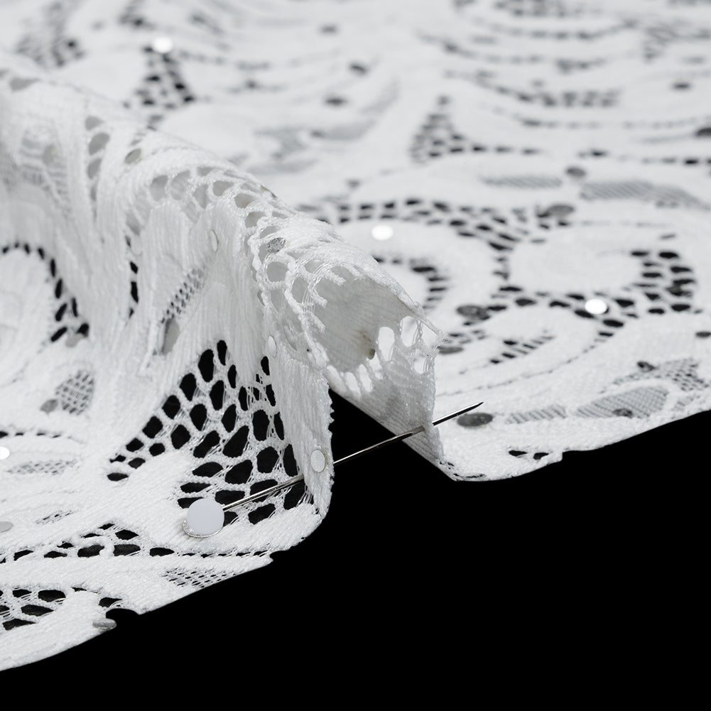Stretch Raschel Lace with Metallic Spots - Silver and Ivory Fancy Leaves and Flowers - Detail