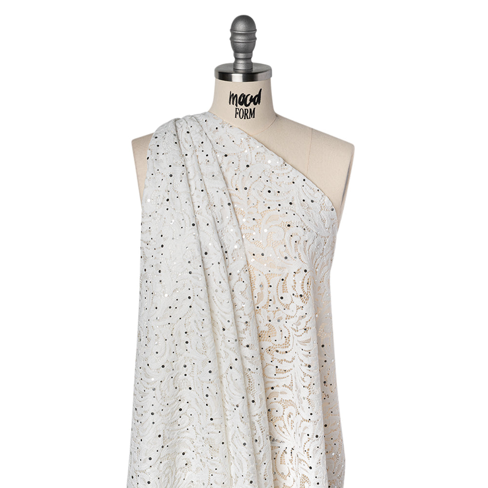 Stretch Raschel Lace with Metallic Spots - Silver and Ivory Fancy Leaves and Flowers - Drape
