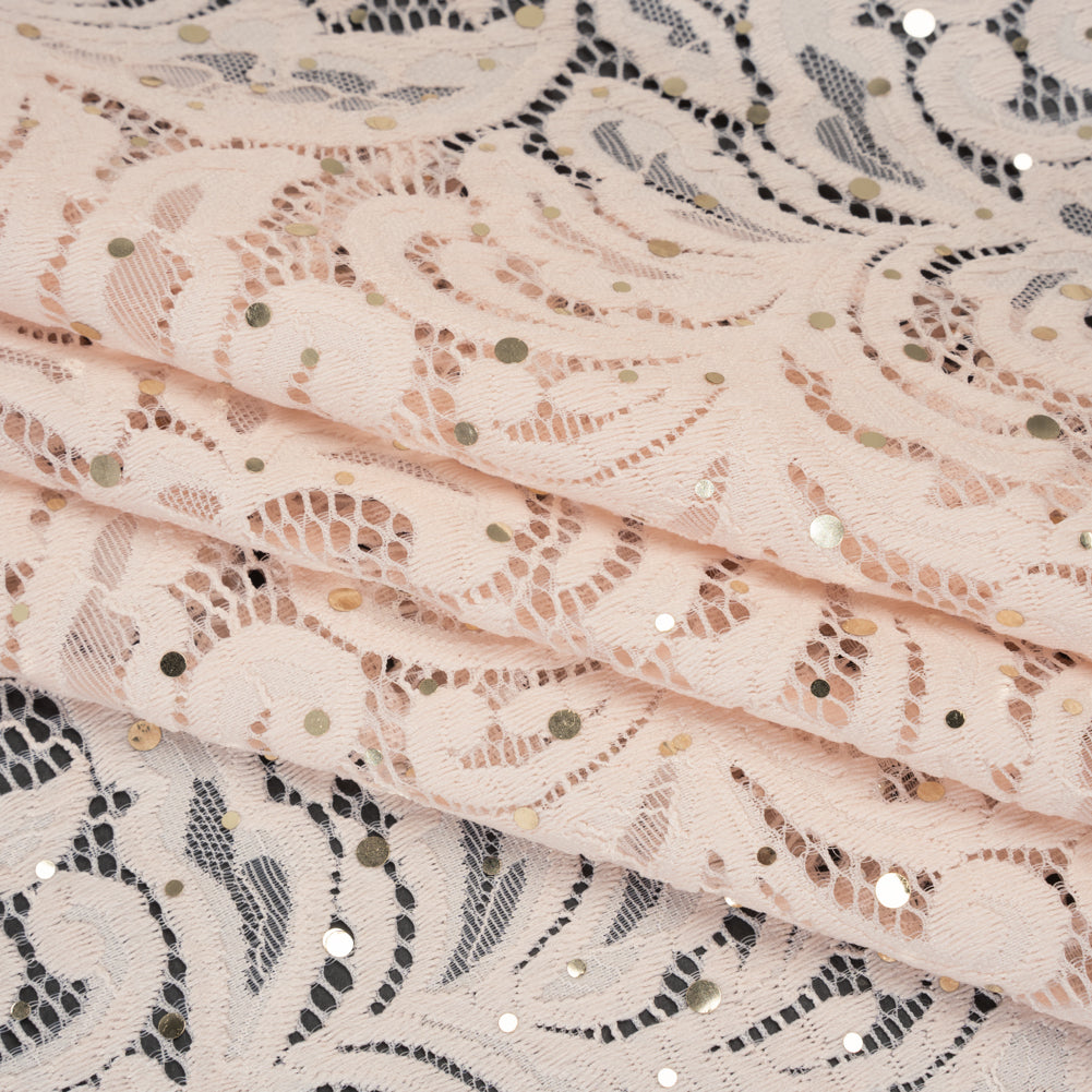Stretch Raschel Lace with Metallic Spots - Blush and Gold Fancy Leaves and Flowers - Folded