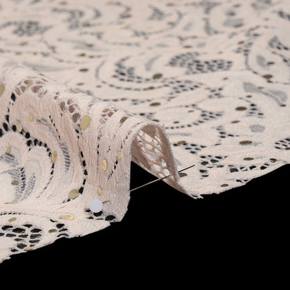 Stretch Raschel Lace with Metallic Spots - Blush and Gold Fancy Leaves and Flowers