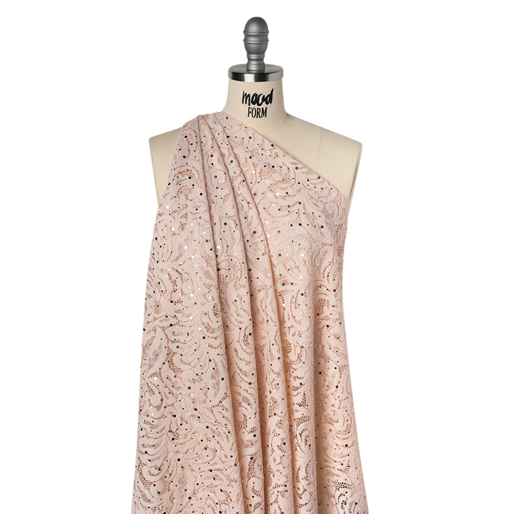 Stretch Raschel Lace with Metallic Spots - Blush and Gold Fancy Leaves and Flowers - Drape