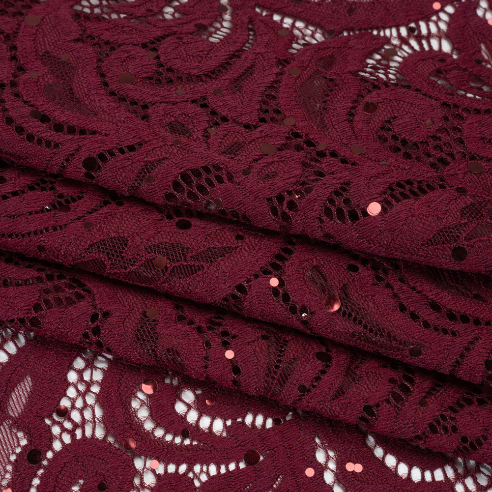 Stretch Raschel Lace with Metallic Spots - Burgundy Fancy Leaves and Flowers - Folded