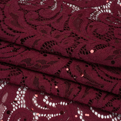 Stretch Raschel Lace with Metallic Spots - Burgundy Fancy Leaves and Flowers
