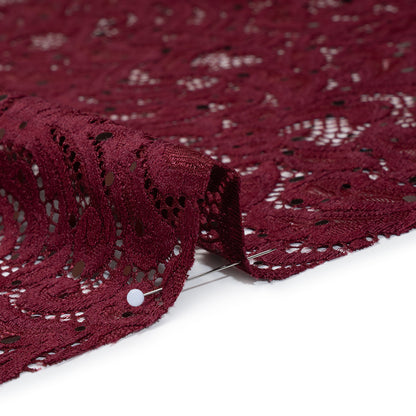Stretch Raschel Lace with Metallic Spots - Burgundy Fancy Leaves and Flowers