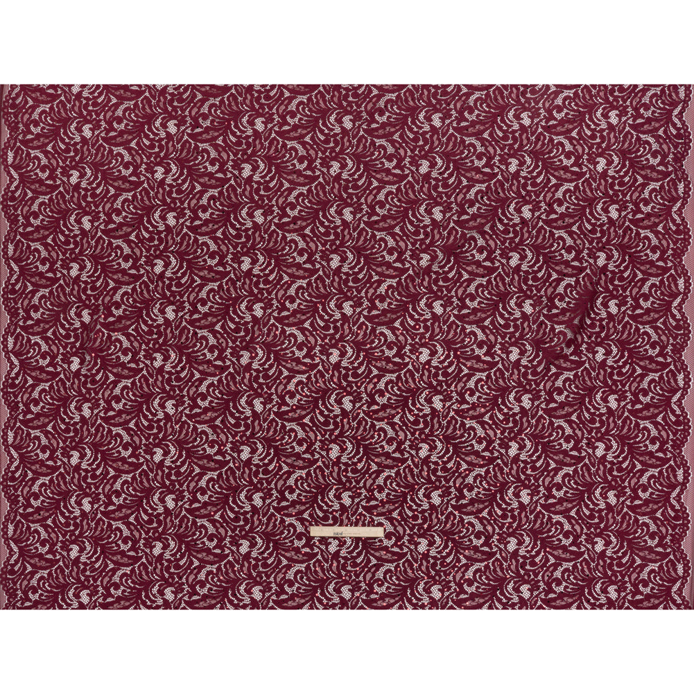 Stretch Raschel Lace with Metallic Spots - Burgundy Fancy Leaves and Flowers - Full