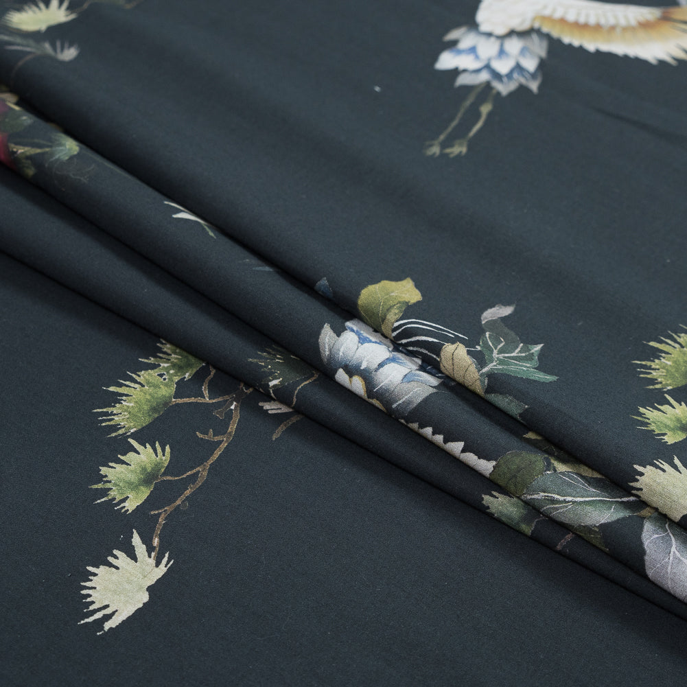 Cotton Voile - Black and Green Birds and Flowers - La Grande Tournee Print - Mood Exclusive Jacques Collection - Folded