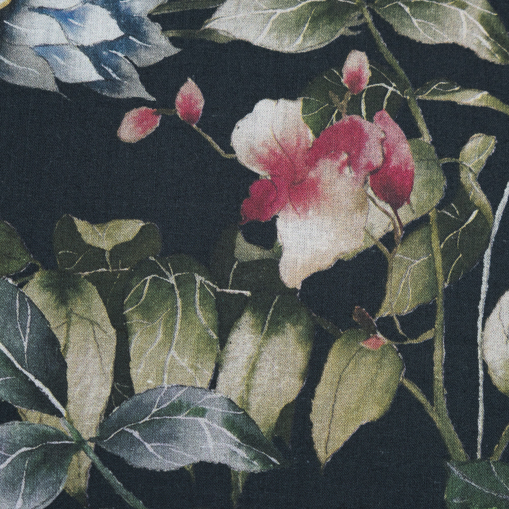 Cotton Voile - Black and Green Birds and Flowers - La Grande Tournee Print - Mood Exclusive Jacques Collection - Detail