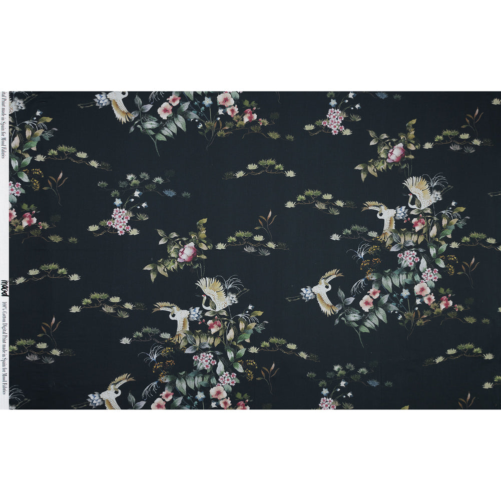 Cotton Voile - Black and Green Birds and Flowers - La Grande Tournee Print - Mood Exclusive Jacques Collection - Full