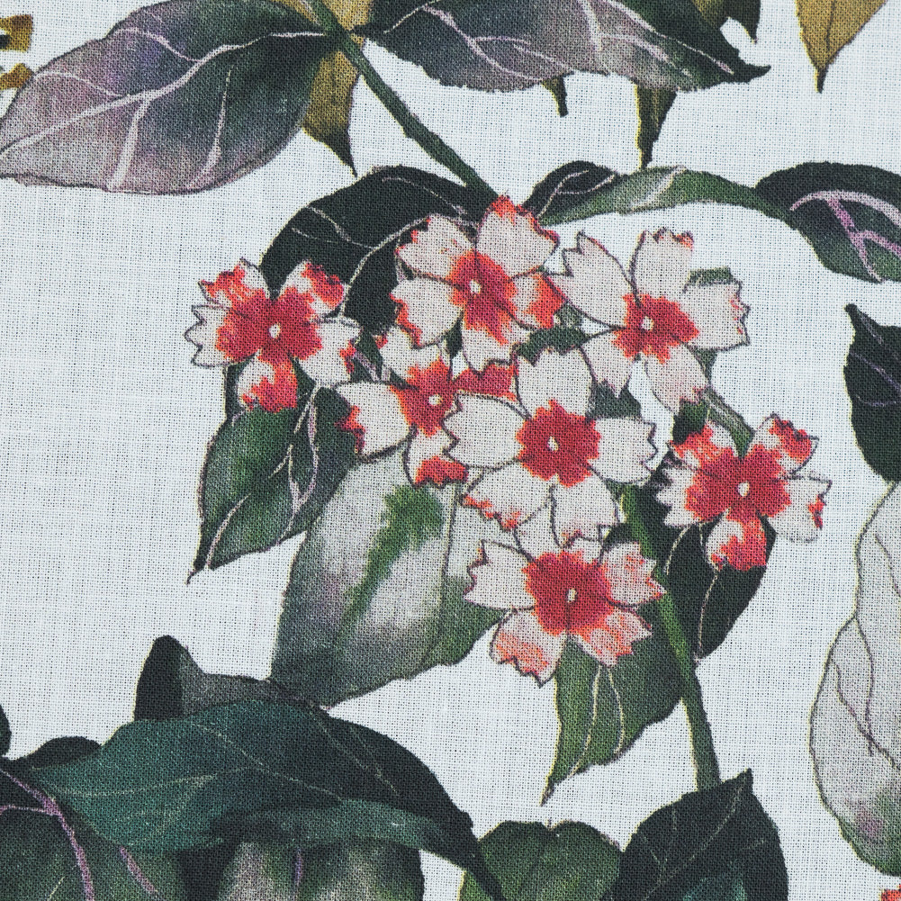 Cotton Voile - White and Green Birds and Flowers - La Grande Tournee Print - Mood Exclusive Jacques Collection - Detail