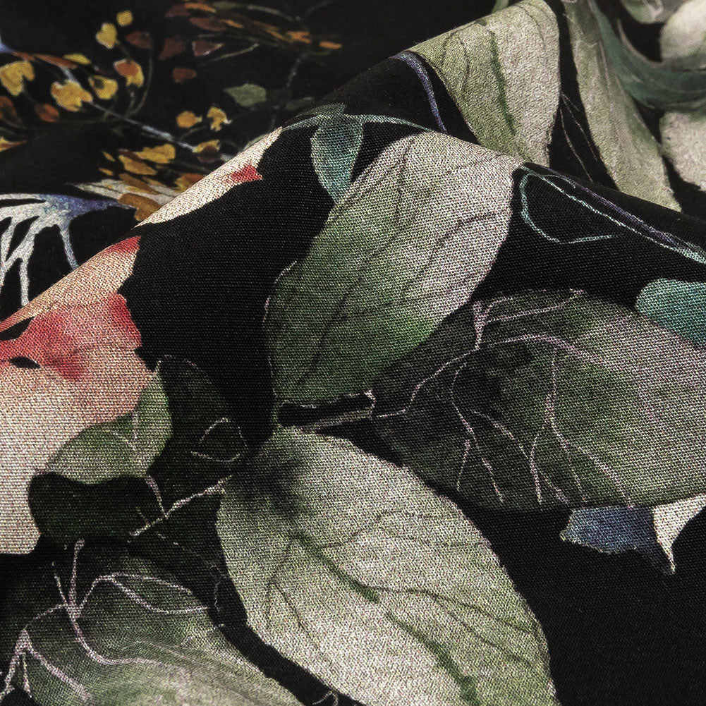 Cotton Poplin - Black and Green Birds and Flowers - La Grande Tournee Print - Mood Exclusive Jacques Collection - Detail