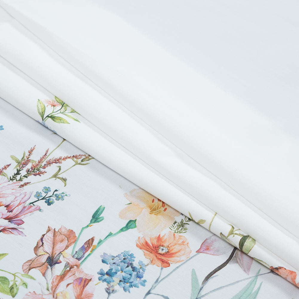 Cotton Poplin - White Floral Border - La Marche des Fleurs Print - Mood Exclusive Jacques Collection - Folded