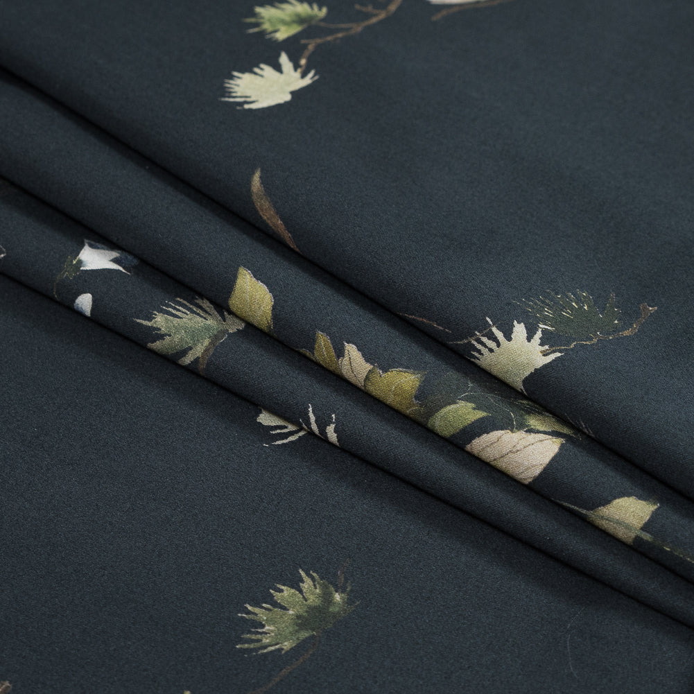 Stretch Cotton Sateen - Black and Green Birds and Flowers - La Grande Tournee Print - Mood Exclusive Jacques Collection - Folded