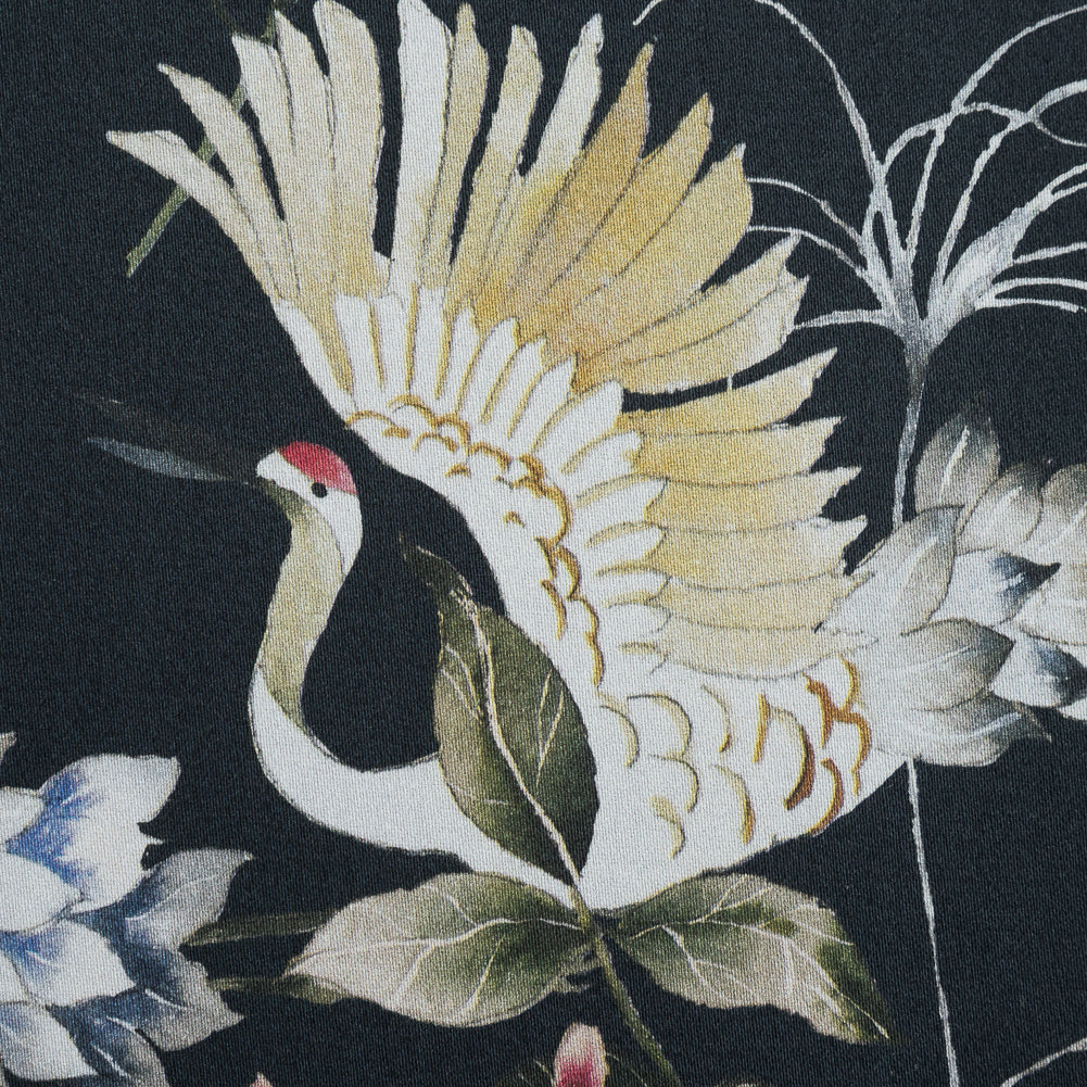 Stretch Cotton Sateen - Black and Green Birds and Flowers - La Grande Tournee Print - Mood Exclusive Jacques Collection - Detail