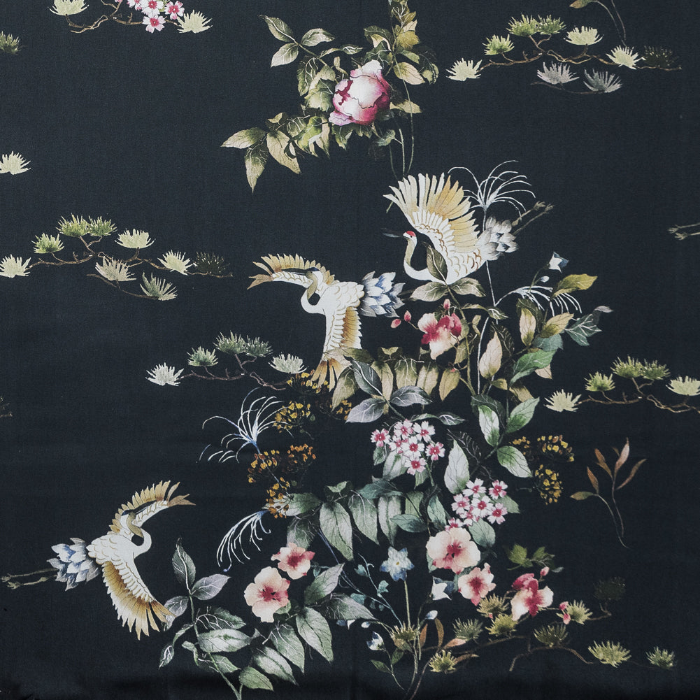 Stretch Cotton Sateen - Black and Green Birds and Flowers - La Grande Tournee Print - Mood Exclusive Jacques Collection