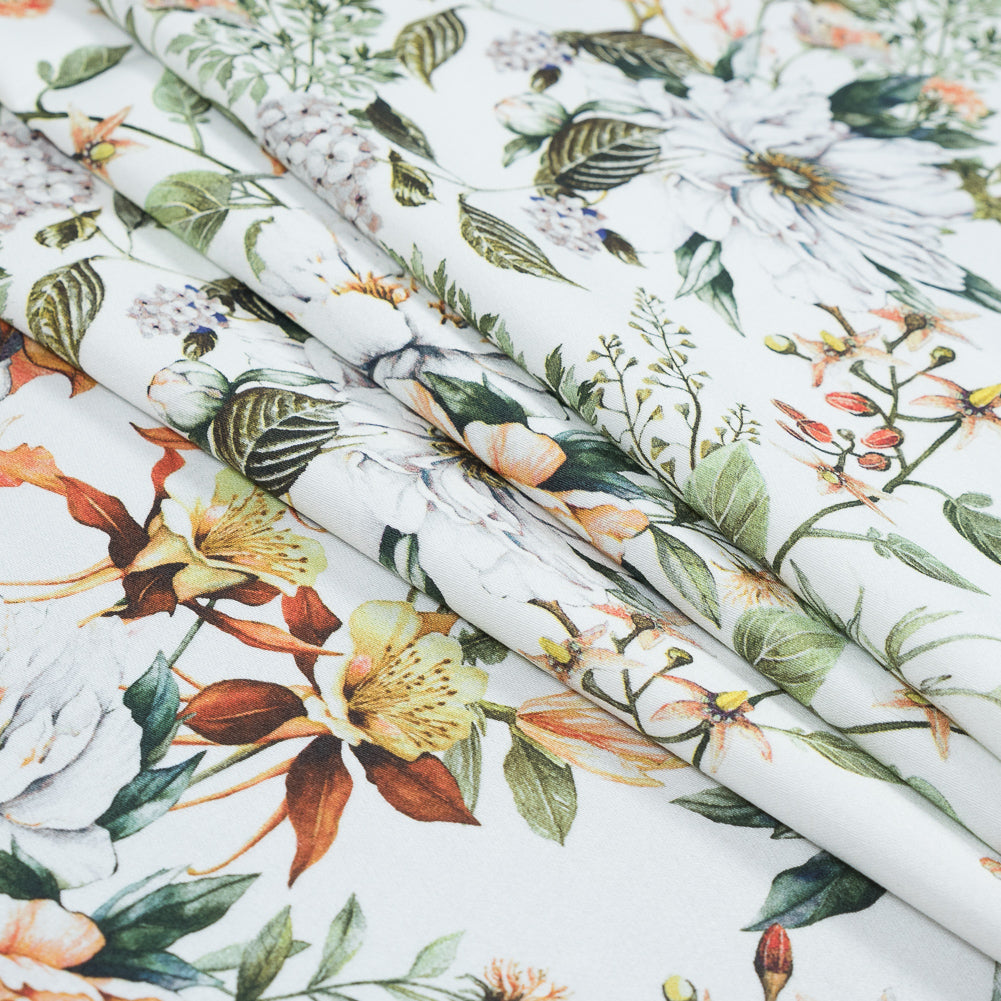Stretch Cotton Sateen - Orange and Green - Les Fleurs de L'amour Print - Mood Exclusive Jacques Collection - Folded