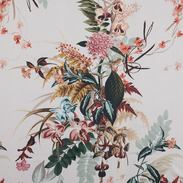 Stretch Cotton Sateen - Pale Green and Coral - Ile des Orchidees Print - Mood Exclusive Jacques Collection