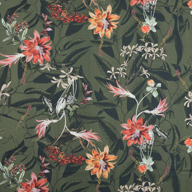 Stretch Cotton Sateen - Olive Green Flowers and Leaves - Les Tropiques Print - Mood Exclusive Jacques Collection