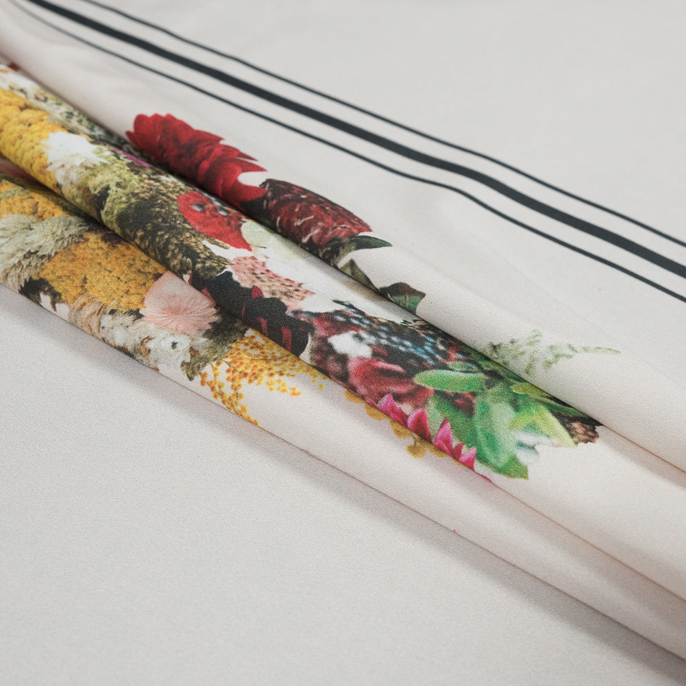 Stretch Cotton Sateen - White Floral and Stripes - Chloris' Bouquet Print - Mood Exclusive Gaia Collection - Folded