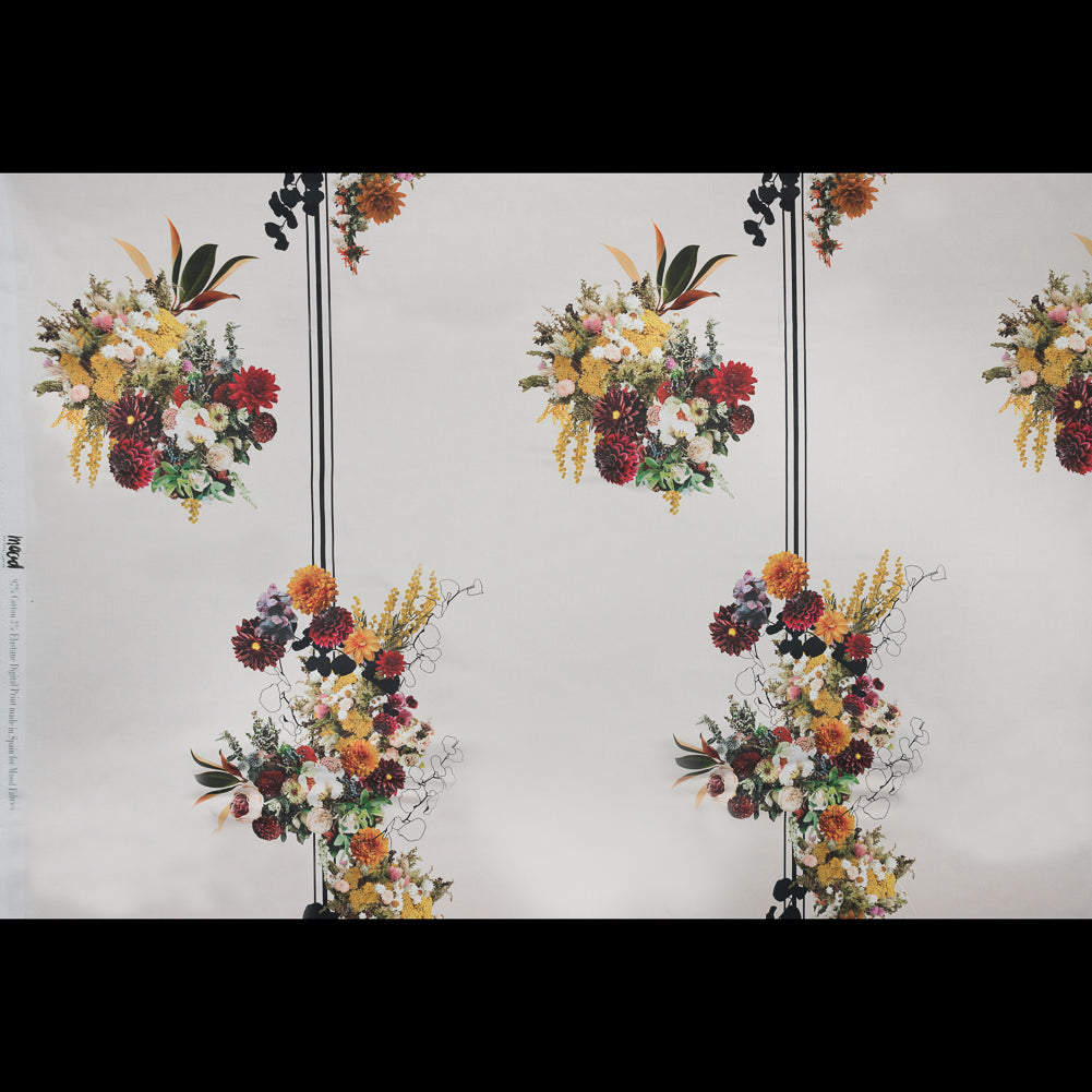 Stretch Cotton Sateen - White Floral and Stripes - Chloris' Bouquet Print - Mood Exclusive Gaia Collection - Full