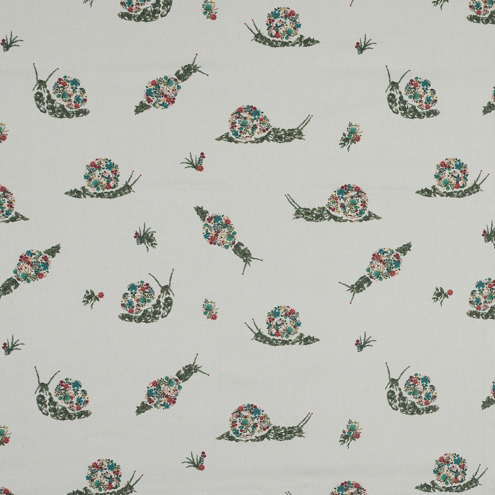Stretch Cotton Sateen - White Floral Snails - The Snail's Bounty Print - Mood Exclusive Gaia Collection