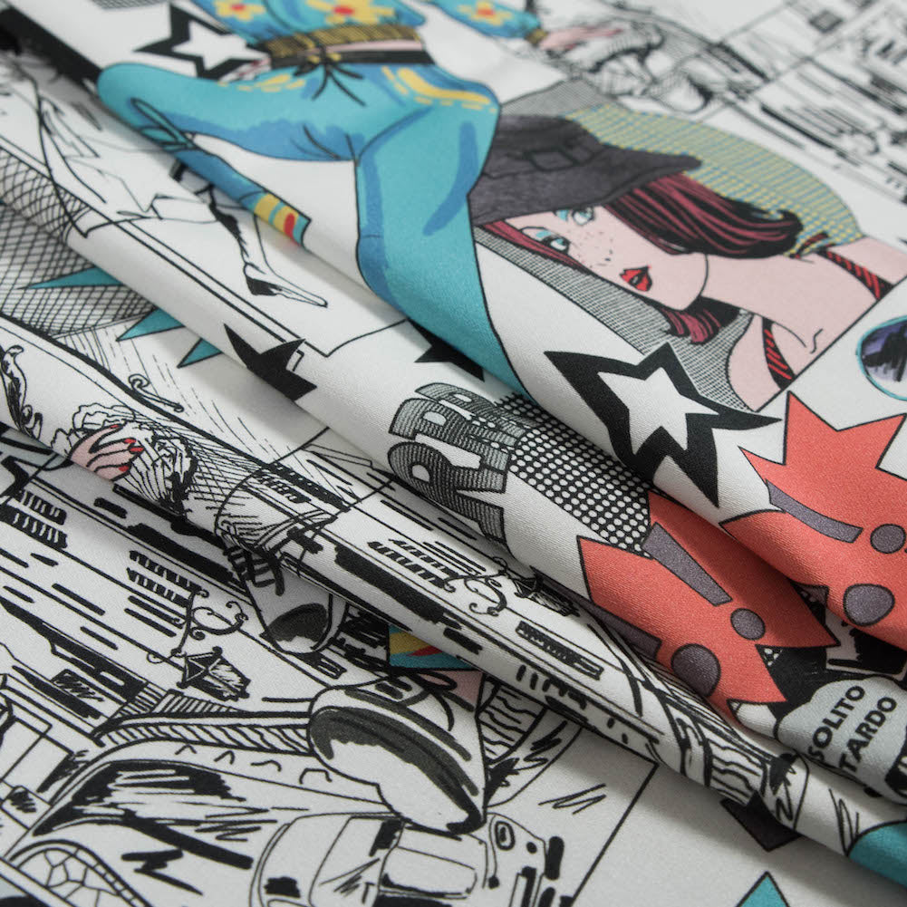 Stretch Cotton Sateen - White Pop Icons - White Fashionably Late Print - Mood Exclusive Comic Collection - Folded
