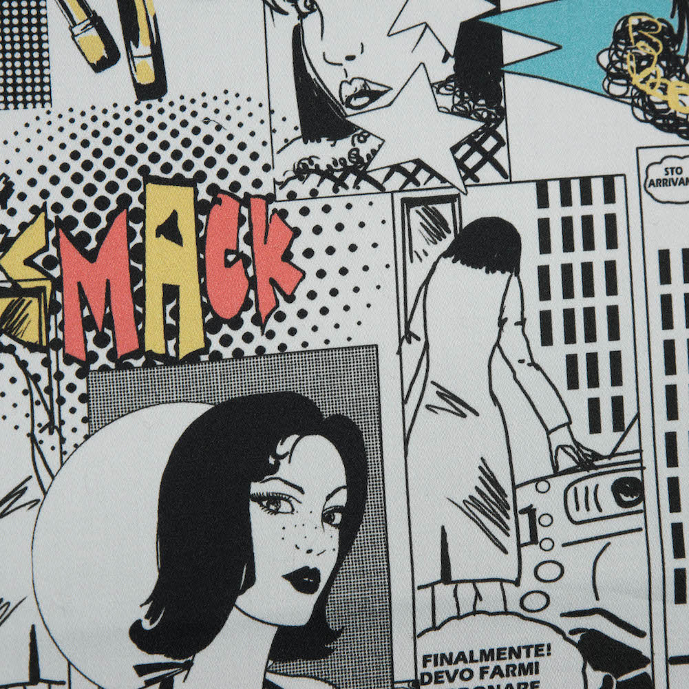 Stretch Cotton Sateen - White Pop Icons - White Fashionably Late Print - Mood Exclusive Comic Collection - Detail