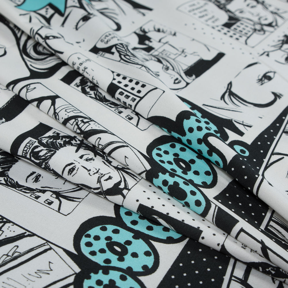 Stretch Cotton Sateen - Black and Aqua Comics - Alter-Ego Romance Print - Mood Exclusive Comic Collection - Folded