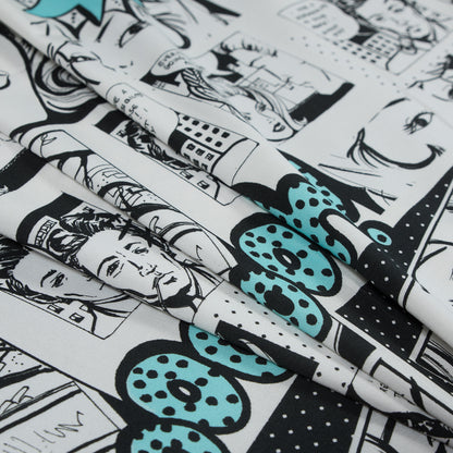 Stretch Cotton Sateen - Black and Aqua Comics - Alter-Ego Romance Print - Mood Exclusive Comic Collection