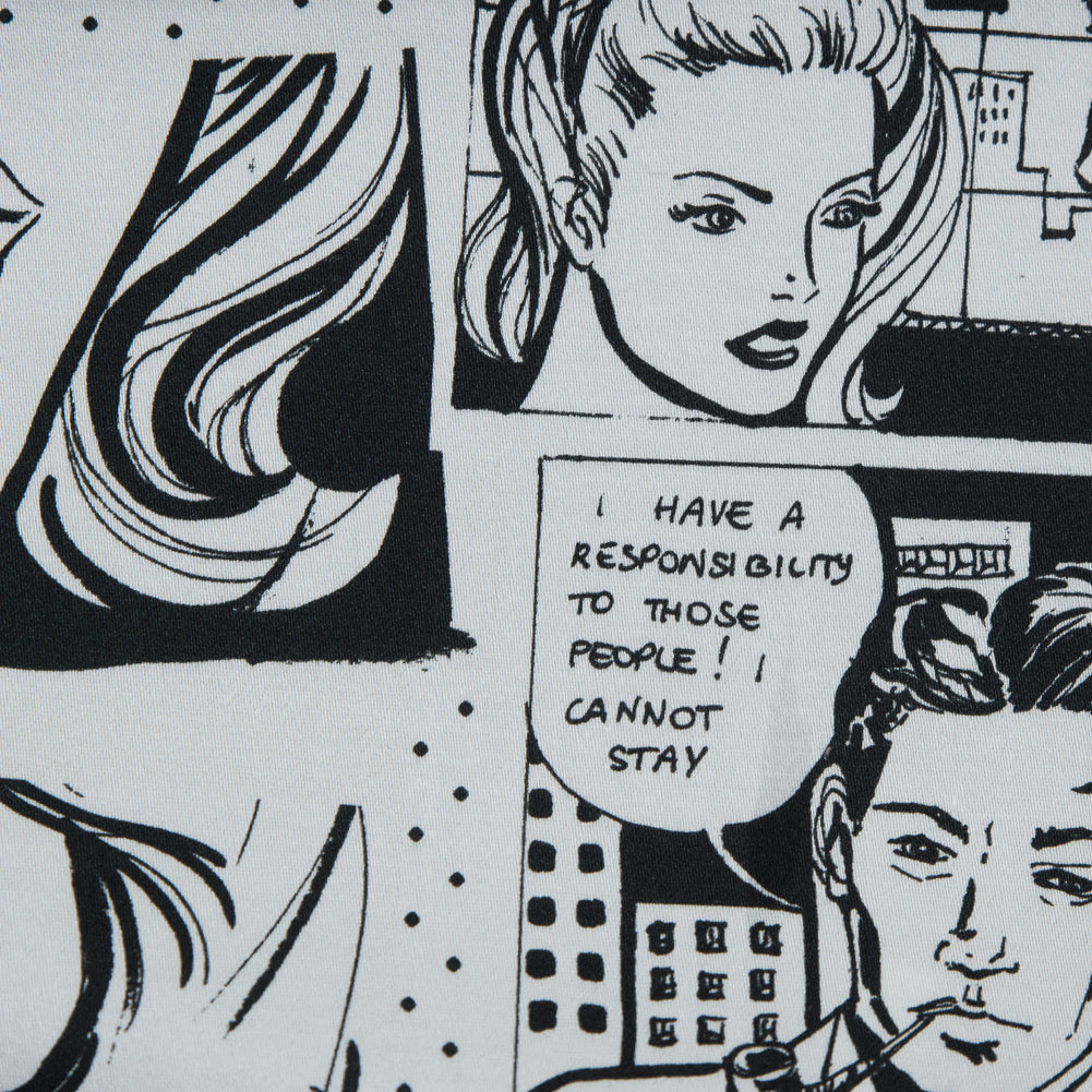 Stretch Cotton Sateen - Black and Aqua Comics - Alter-Ego Romance Print - Mood Exclusive Comic Collection - Detail