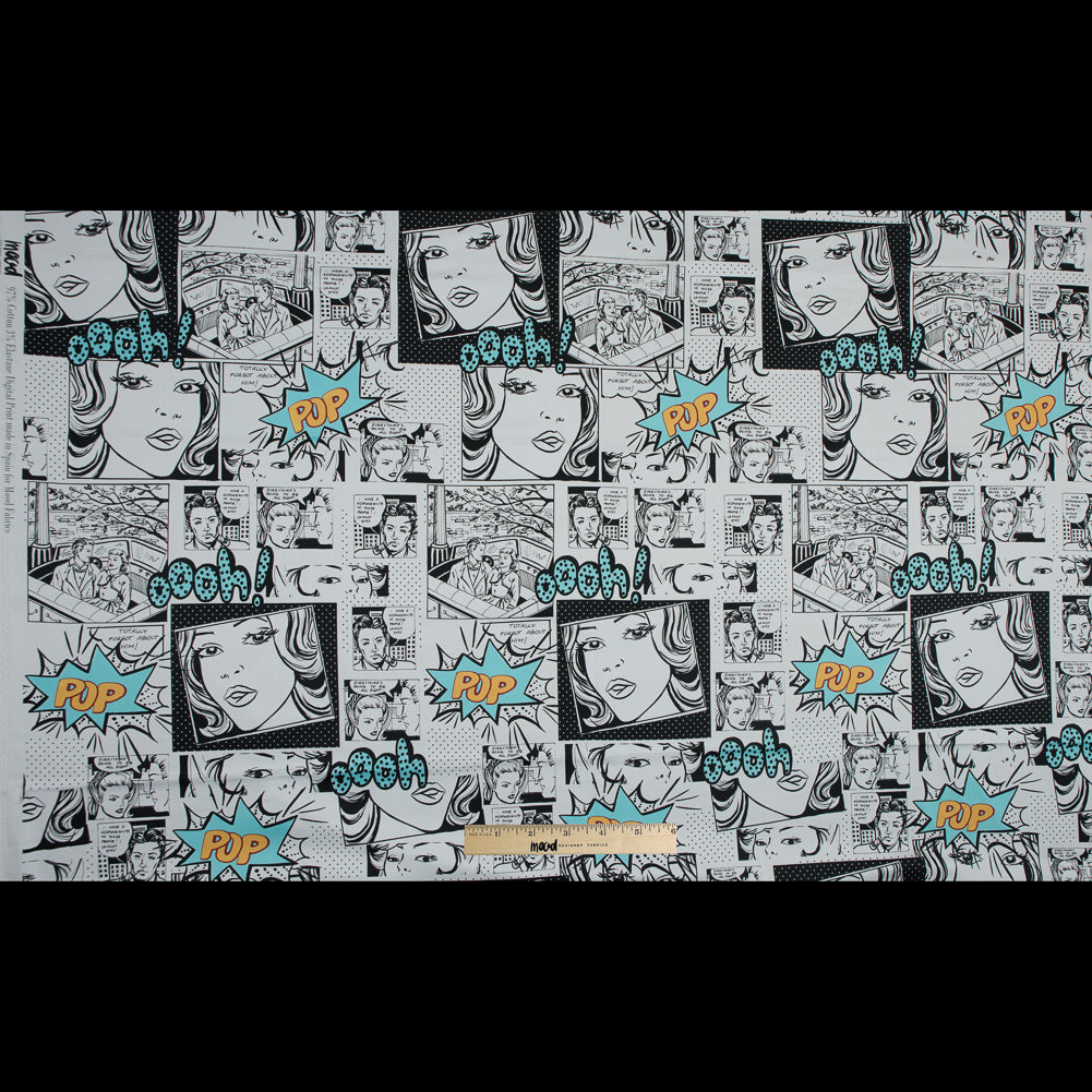 Stretch Cotton Sateen - Black and Aqua Comics - Alter-Ego Romance Print - Mood Exclusive Comic Collection - Full