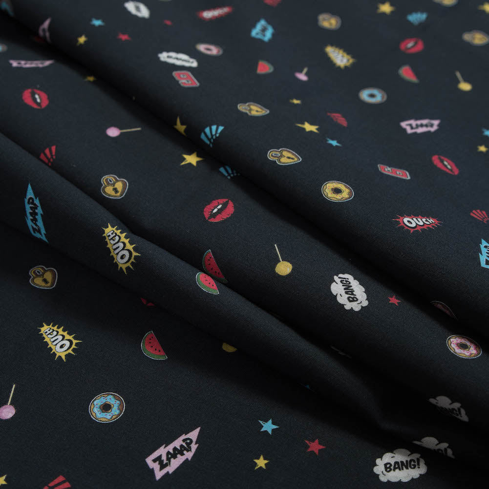 Cotton Voile - Black Pop Icons - Black Candy and Combat Print - Mood Exclusive Comic Collection - Folded