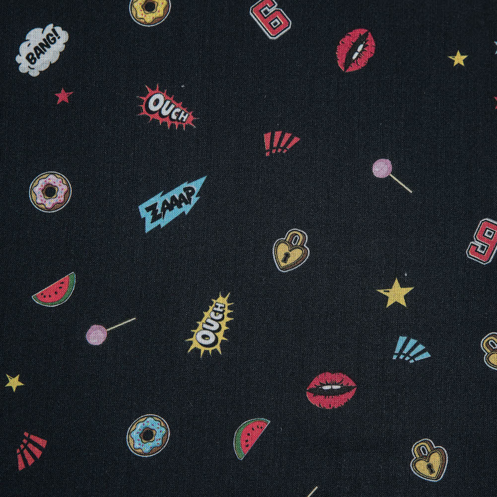 Cotton Voile - Black Pop Icons - Black Candy and Combat Print - Mood Exclusive Comic Collection - Detail