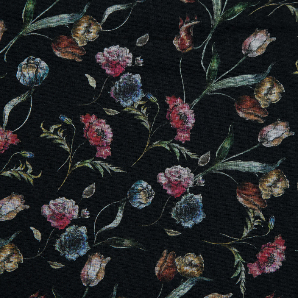 Cotton Voile - Black Floral - Peonies at Midnight Print - Mood Exclusive Botanical Collection - Detail