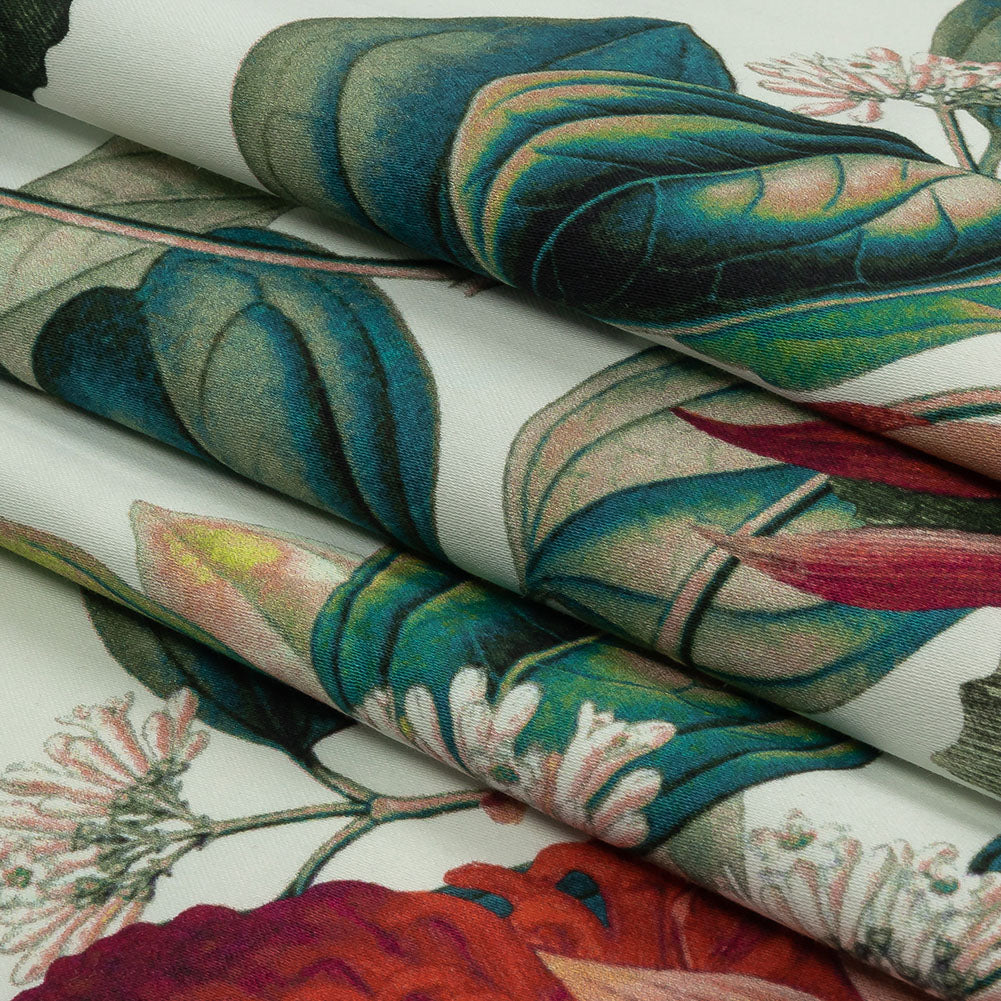 Stretch Cotton Sateen - Red and Green Floral - Paintbrush Lily Print - Mood Exclusive Aloha Collection - Folded