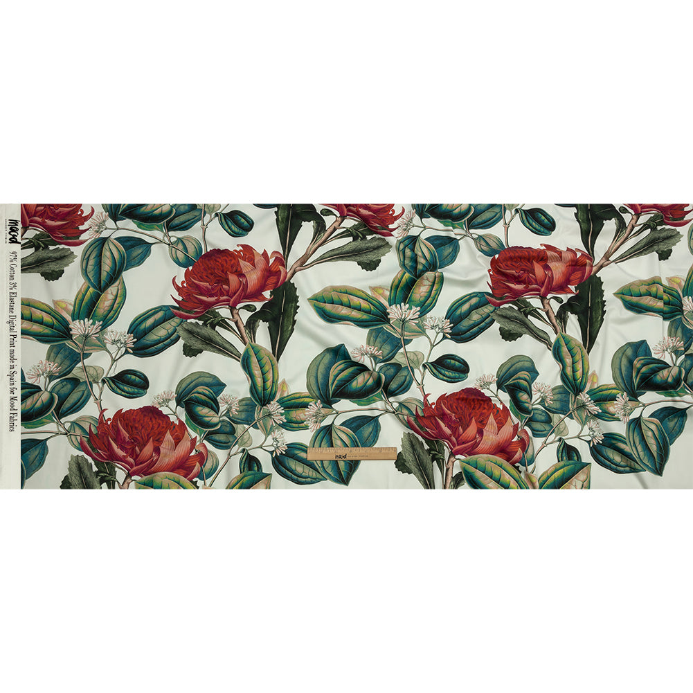 Stretch Cotton Sateen - Red and Green Floral - Paintbrush Lily Print - Mood Exclusive Aloha Collection - Full
