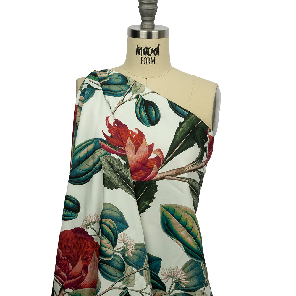 Stretch Cotton Sateen - Red and Green Floral - Paintbrush Lily Print - Mood Exclusive Aloha Collection - Drape