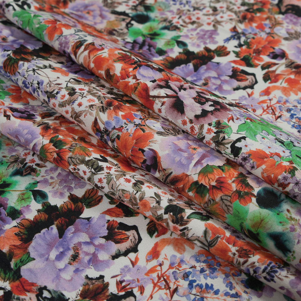 Stretch Cotton Sateen - Orange and Purple Floral - Wild Lantana Print - Mood Exclusive Aloha Collection - Folded