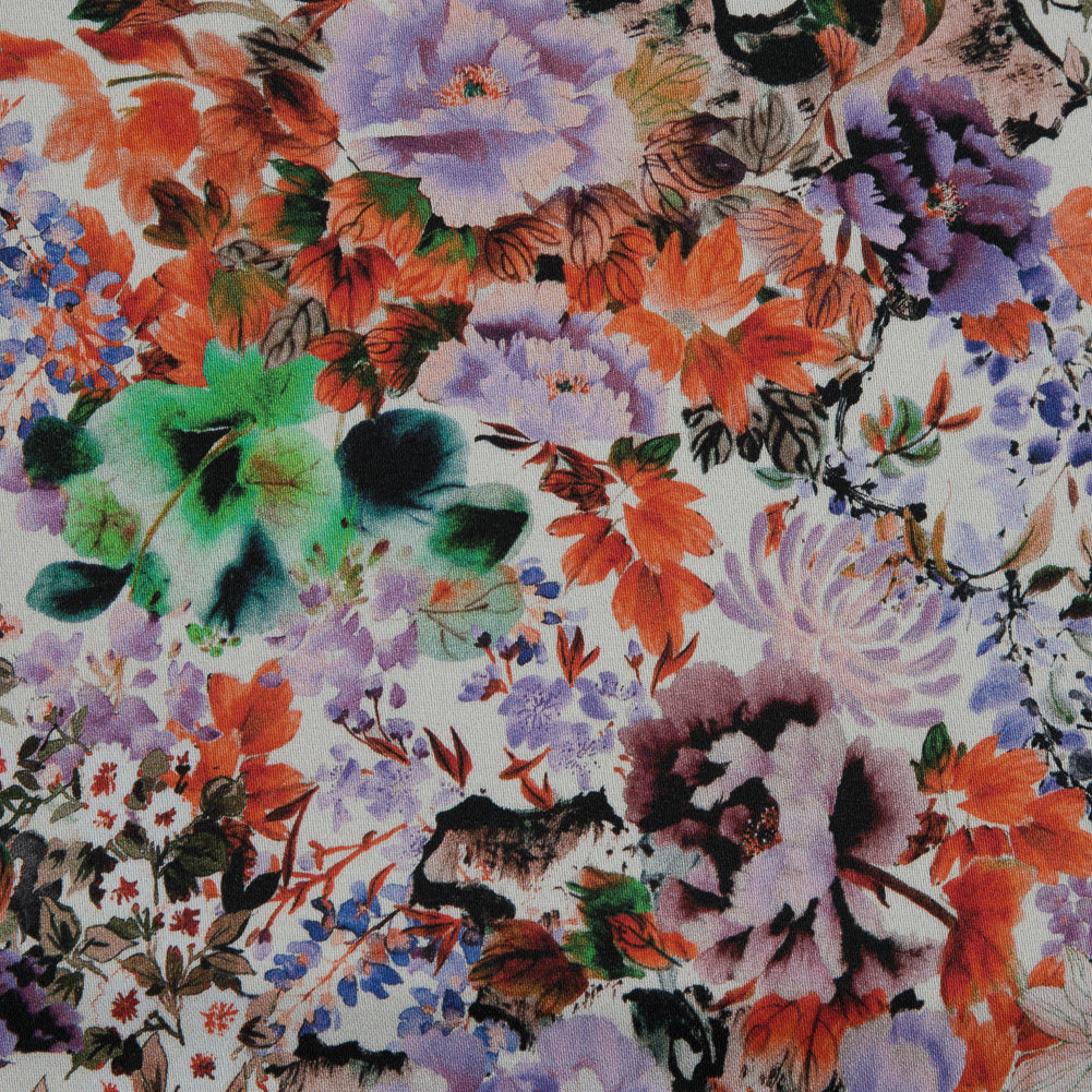 Stretch Cotton Sateen - Orange and Purple Floral - Wild Lantana Print - Mood Exclusive Aloha Collection - Detail