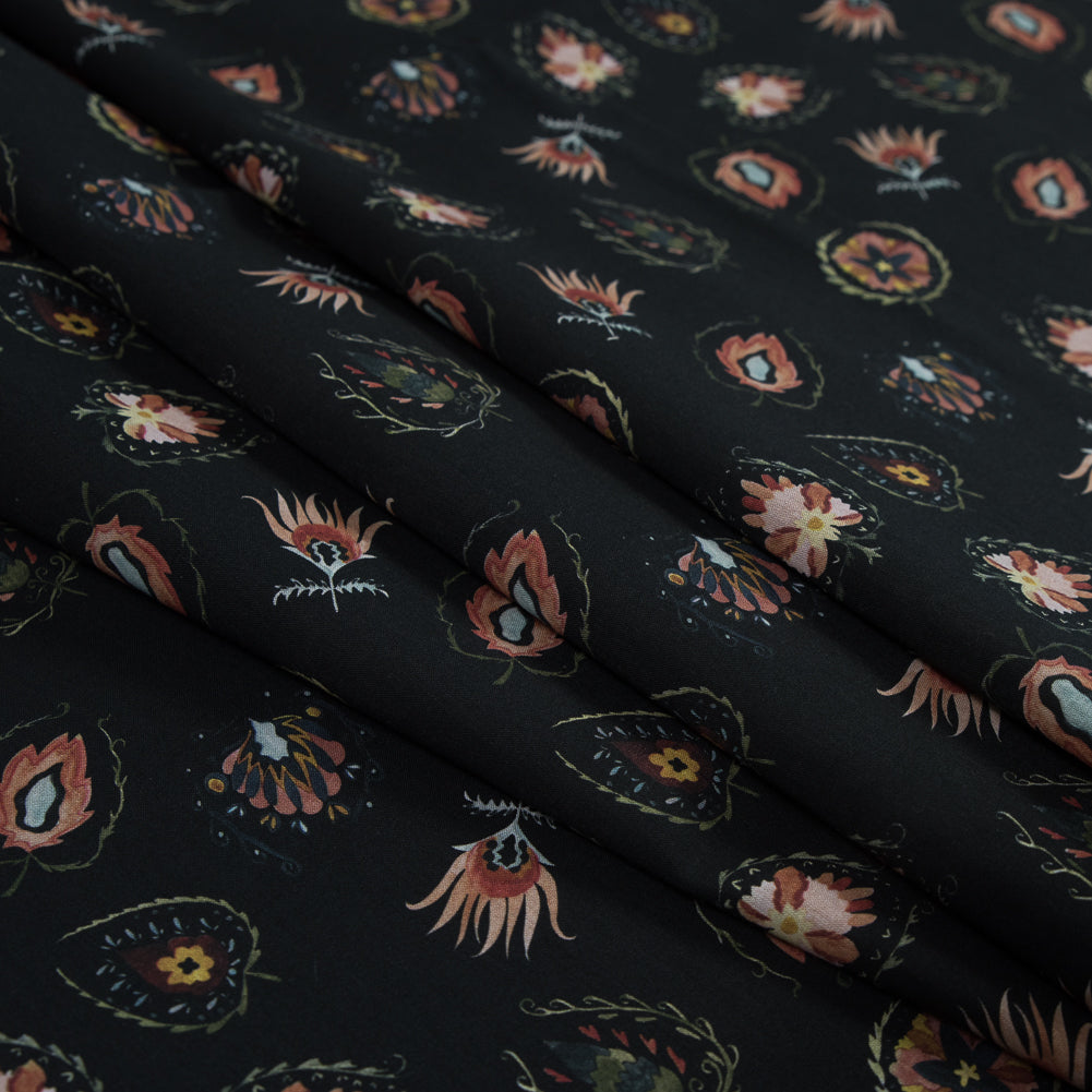 Cotton Voile - Black Floral - Heliconia Flame Print - Mood Exclusive Aloha Collection - Folded