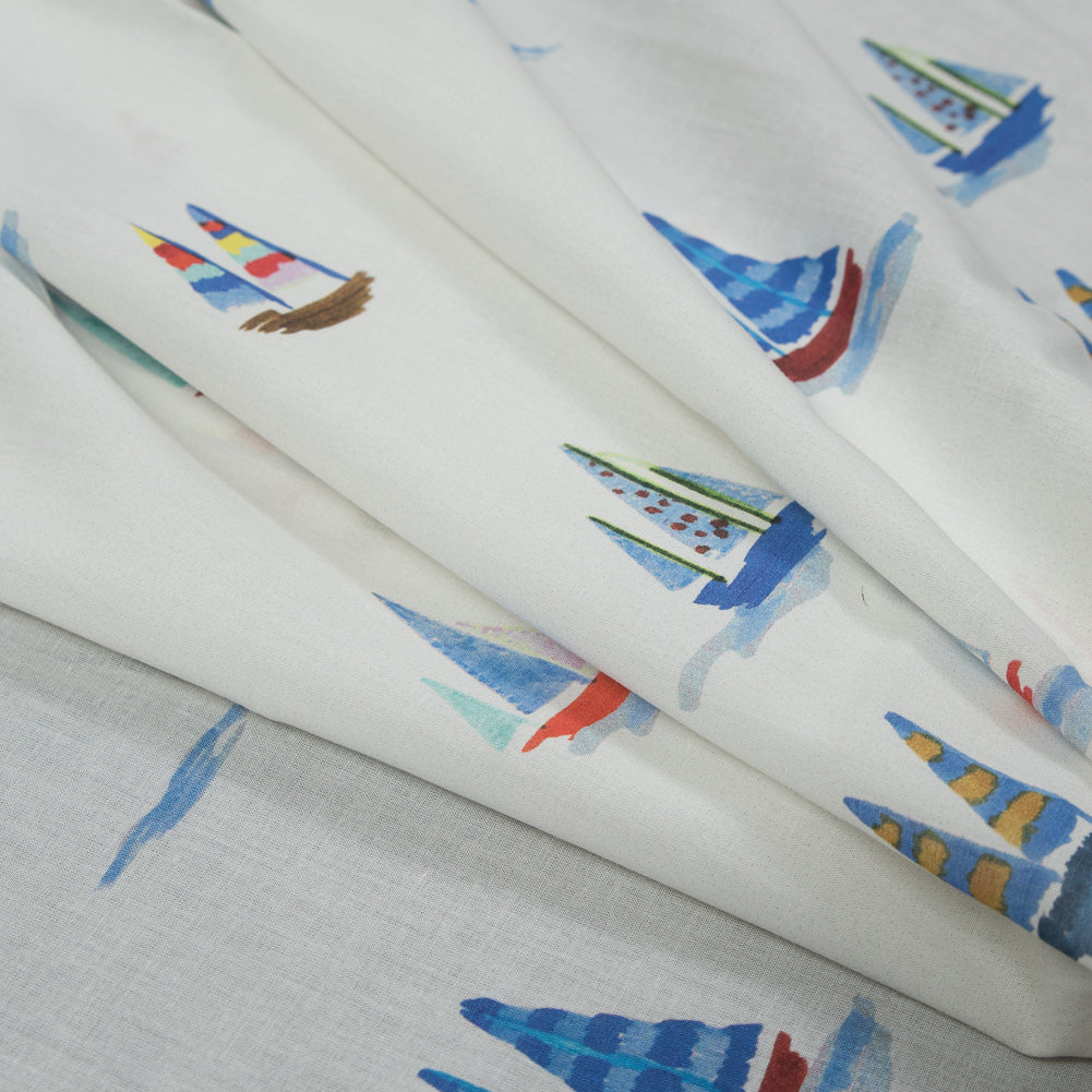 Cotton Voile - White and Blue Sailboats - Manu's Peace Print - Mood Exclusive Surya Collection - Folded