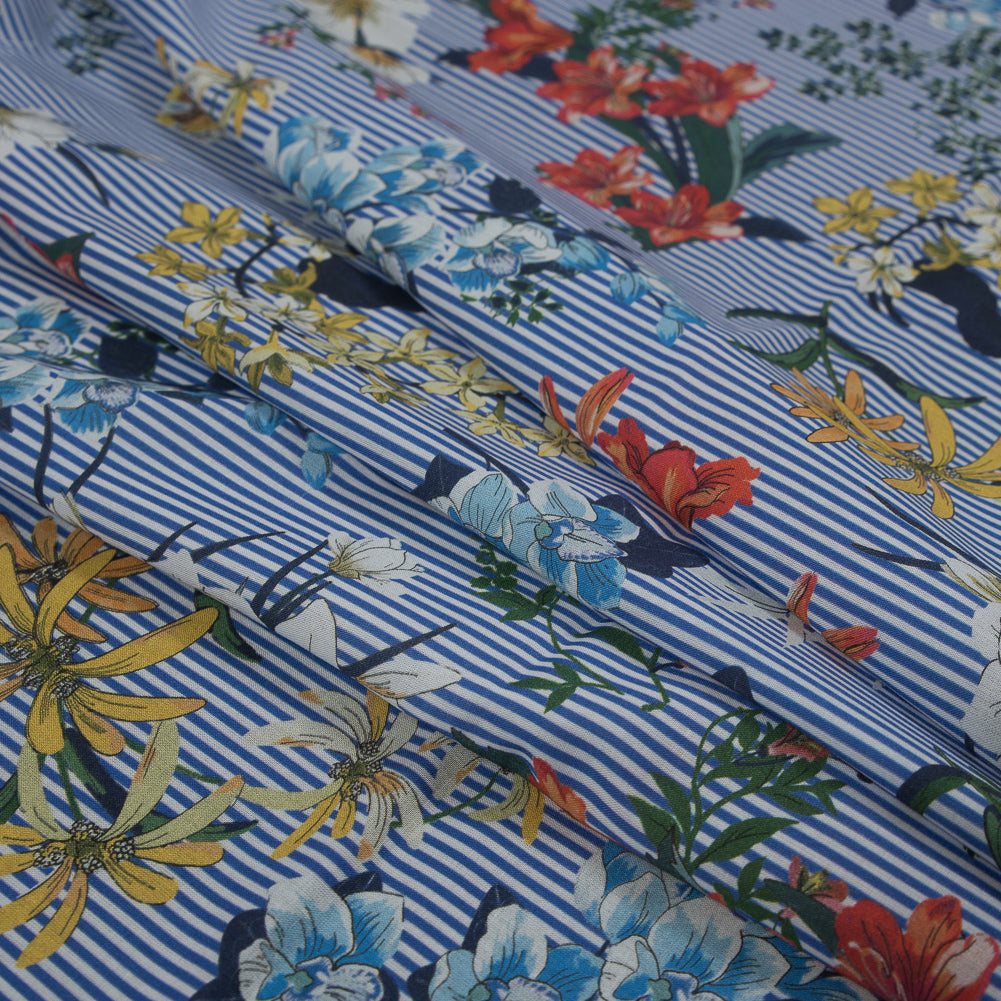 Cotton Voile - Florals on White and Blue Stripes - Ganesh's Epiphany Print - Mood Exclusive Surya Collection - Folded