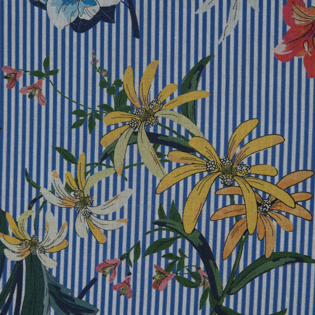 Cotton Voile - Florals on White and Blue Stripes - Ganesh's Epiphany Print - Mood Exclusive Surya Collection - Detail