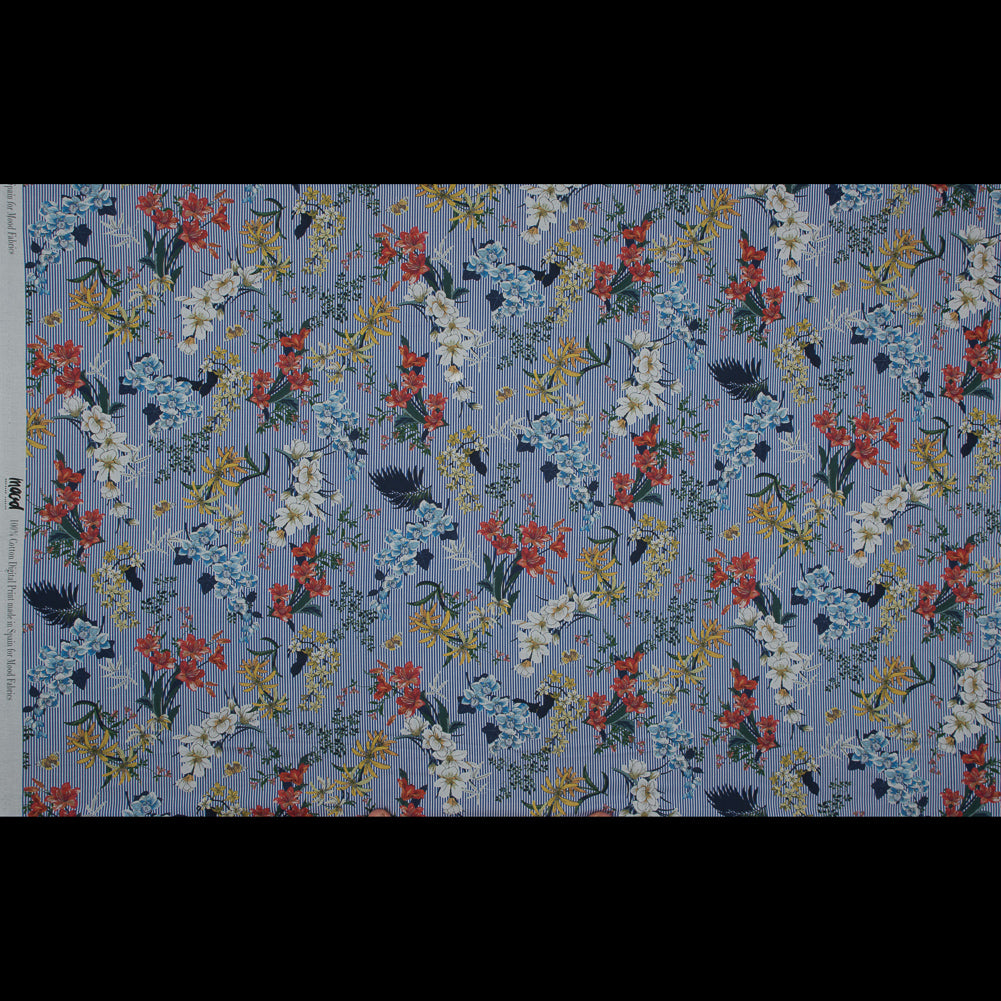 Cotton Voile - Florals on White and Blue Stripes - Ganesh's Epiphany Print - Mood Exclusive Surya Collection - Full