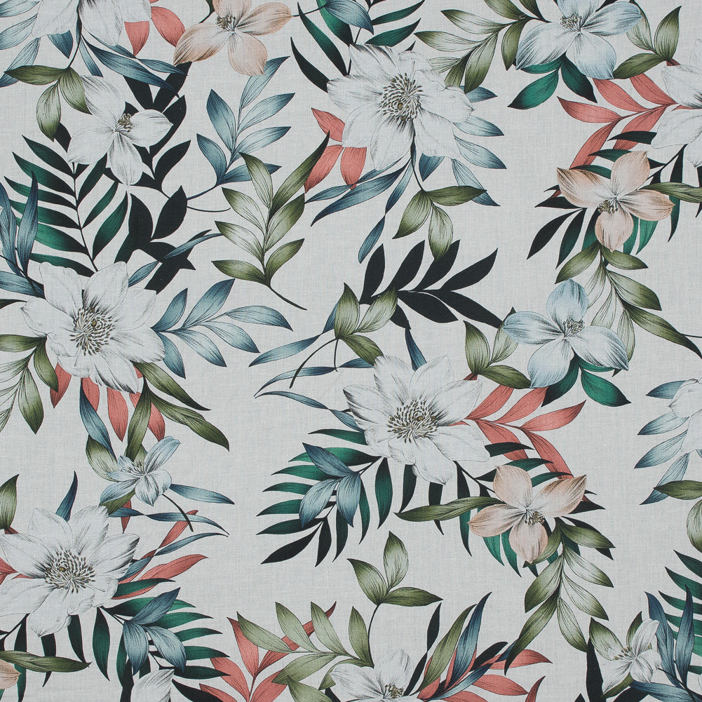 Cotton Voile - White and Green Floral - Regality of Renewal Print - Mood Exclusive Key Largo Collection