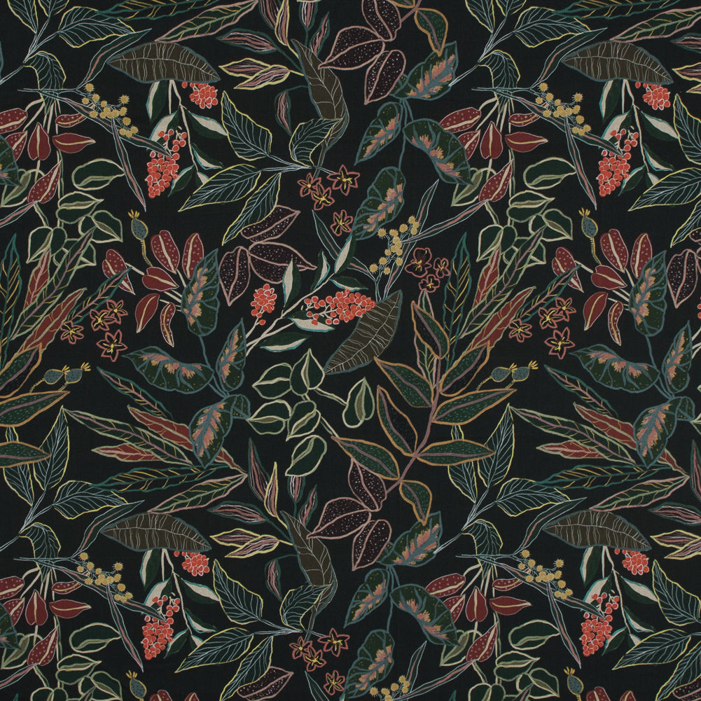 Cotton Voile - Black and Green Foliage - Mystery of Renewal Print - Mood Exclusive Key Largo Collection