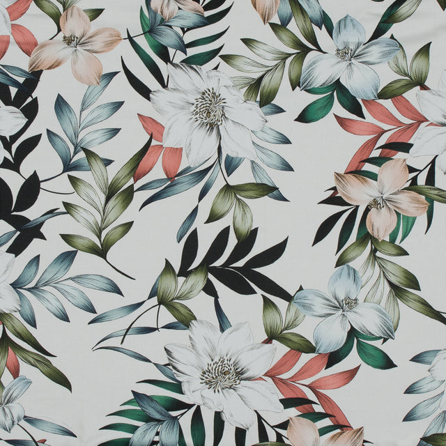 Stretch Cotton Sateen - White and Green Floral - Regality of Renewal Print - Mood Exclusive Key Largo Collection